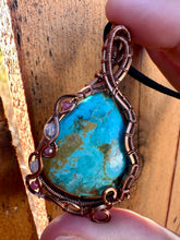 Load image into Gallery viewer, Reserved for Jennifer p Sky turquoise with Ethiopian Opal + Ruby Gem Inclusions Wire Wrapped Pendent Necklacee
