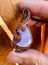 Load image into Gallery viewer, Reserved for Rachel h Moonstone with Ruby gem inclusion Wire Wrapped Pendent Necklace
