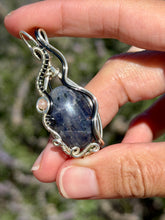 Load image into Gallery viewer, Sunstone Iolite with sunstone  gem accent wire wrapped pendant necklace
