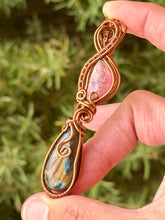 Load image into Gallery viewer, Rhodochrosite + labradorite double decker wire wrapped pendant necklace
