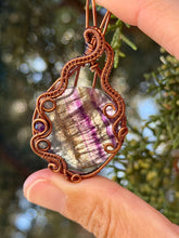 Load image into Gallery viewer, Rainbow fluorite with blue kyanite + amethyst gem accents wire wrapped pendant necklace
