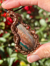 Load image into Gallery viewer, ARTISAN STONE (sunset lapidary) Idaho Sunset Seam Agate with Mookaite + carnelian gem accents wire wrapped pendant necklace
