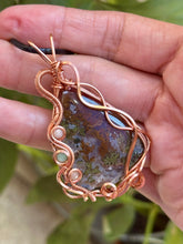 Load image into Gallery viewer, Artisan cab (Ibrahim Opic) Indonesian red moss agate with peach moonstone + amazonite inclusions wire wrapped pendant necklace
