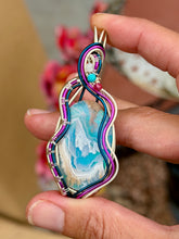 Load image into Gallery viewer, Artisan cab (positive rocks) Aurora Opal/Plume Agate with moonstone, turquoise, raspberry jade gem accents wire wrapped pendant necklace
