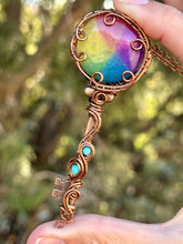 Load image into Gallery viewer, Rainbow solar quartz with turquoise inclusions key wire wrapped pendant
