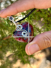 Load image into Gallery viewer, Speckled (enhanced) Labradorite with sapphire inclusion wire wrapped pendant necklace
