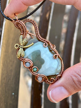 Load image into Gallery viewer, DESIGNER STONE polychrome jasper with aquamarine + zoisite inclusions Wire wrapped pendant
