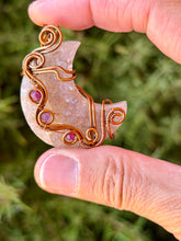 Load image into Gallery viewer, Artisan cab (positive rocks) druzy amethyst moon with ruby + amethyst gem accents wire wrapped pendant necklace
