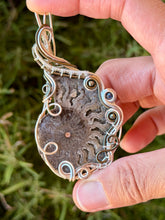 Load image into Gallery viewer, Ammonite with pyrite + sapphire gem accents wire wrapped pendant necklace
