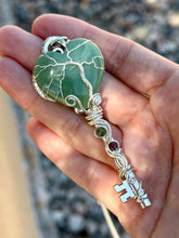 Load image into Gallery viewer, Green aventurine heart with ruby in zoisite inclusions skeleton key wire wrapped pendant talisman necklace
