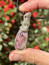 Load image into Gallery viewer, Pink Cobalt Calcite with moonstone gem accents tree of life wire wrapped pendant necklace
