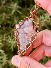 Load image into Gallery viewer, Artisan cab (positive rocks) purple imperial jasper with amethyst + lepidolite  gem accents wire wrapped pendant necklace
