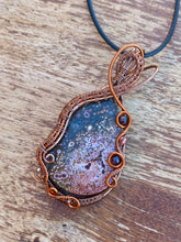 Load image into Gallery viewer, DUO TONED WIRE + DESIGNER CAB ocean jasper with garnet + carnelian inclusions  Wire wrapped pendant
