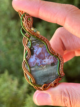 Load image into Gallery viewer, Artisan cab (positive rocks) Indian agate with prehnite with zoisite gem accent wire wrapped pendant necklace
