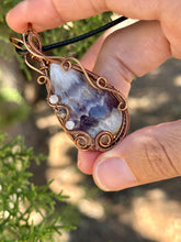 Load image into Gallery viewer, ARTISAN CAB (Flintstone studio) Chevron Dream Amethyst with moonstone + Iolite inclusions wire wrapped pendant talisman necklace
