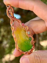 Load image into Gallery viewer, Artisan cab (positive rocks) rainbow dragon vein agate with rhodonite, citrine, green aventurine, green mica gem accents wire wrapped pendant necklace
