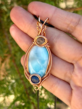 Load image into Gallery viewer, Larimar with blue kyanite + super 7 inclusions wire wrapped pendant necklace talisman
