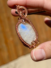 Load image into Gallery viewer, Moonstone with amethyst inclusion Wire wrapped pendant
