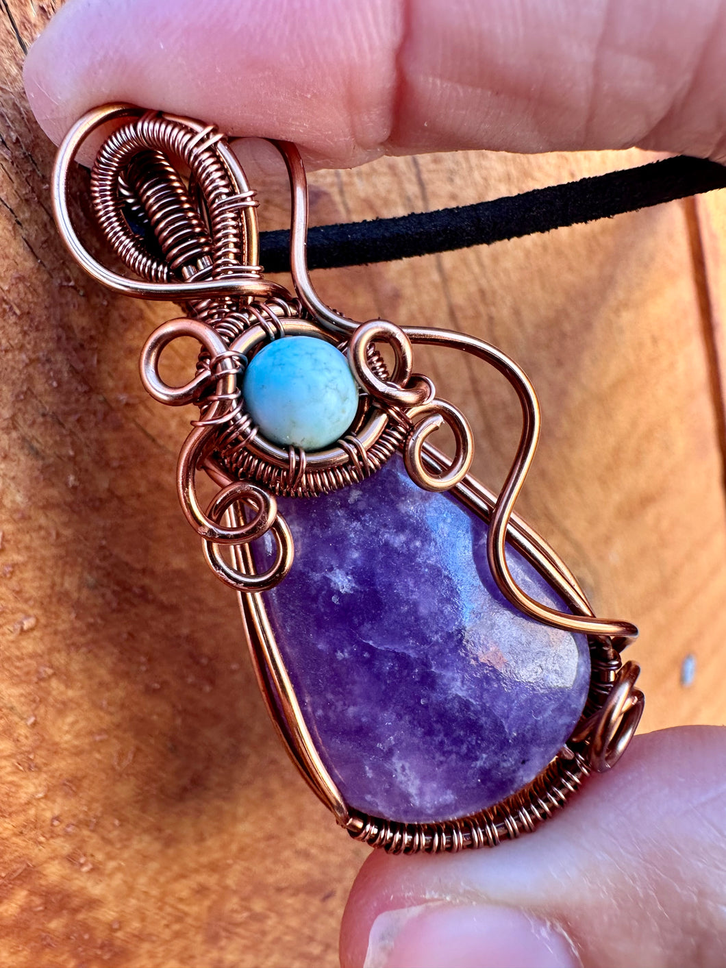 Reserved for Rene Lepidolite with Sky Turquoise Gem Inclusions Wire Wrapped Pendent Necklace