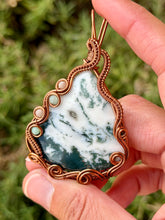 Load image into Gallery viewer, Artisan cab (johari gems) tree agate with chrysoprase + peach moonstone gem accents wire wrapped pendant necklace

