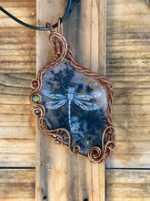 Load image into Gallery viewer, RESERVED FOR CHERI F Dendritic agate (etching by Marina Rabinskaya) with turquoise and garnet gem inclusions wire wrapped pendant talisman necklace
