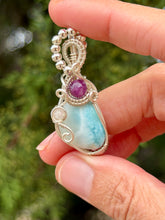 Load image into Gallery viewer, Larimar with lepidolite + rose quartz gem accent wire wrapped pendant necklace
