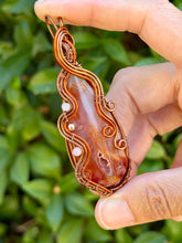 Load image into Gallery viewer, Artisan cab (positive rocks) carnelian druzy with rose quartz + hematite gem accents wire wrapped pendant necklace
