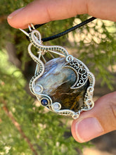 Load image into Gallery viewer, ARTISAN CAB (positive rocks) Common Blue Scenic Opal with Angelite and lapis lazuli inclusions wire wrapped pendant talisman necklace
