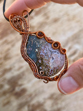 Load image into Gallery viewer, DUO TONED WIRE + DESIGNER CAB ocean jasper with garnet + carnelian inclusions  Wire wrapped pendant
