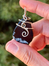 Load image into Gallery viewer, Black agate slice with pyrite gem accent wire wrapped pendant necklace
