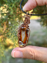 Load image into Gallery viewer, Carnelian Slice with Tiger Eye gem accents wire wrapped pendant necklace
