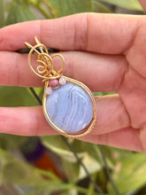 Load image into Gallery viewer, Blue lace agate with rose quartz + Rhodonite gem accents wire wrapped pendant talisman necklace
