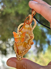 Load image into Gallery viewer, ARTISAN cab (positive rocks) Orange tube agate with carnelian and sunstone inclusions wire wrapped pendant talisman necklace
