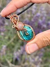 Load image into Gallery viewer, Chrysocolla/Shattuckite with Rose quartz gem accents wire wrapped pendant necklace

