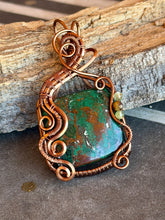 Load image into Gallery viewer, Artisan cab (johari gems)  green chrysocolla with peridot + tiger eye wire wrapped pendant necklace
