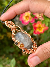 Load image into Gallery viewer, black tourmalinated quartz with tourmaline + carnelian inclusions wire wrapped pendant talisman necklace
