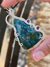 Load image into Gallery viewer, DESIGNER CAB (etched by Marina Rabinskaya) Bloodstone with ruby and prehnite inclusions  Wire wrapped pendant
