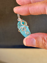 Load image into Gallery viewer, Aqua aura quartz with turquoise gem accent wire wrapped mini pendant necklace
