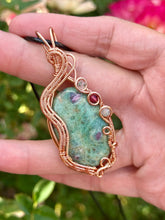 Load image into Gallery viewer, Ruby in fuchsite with moss agate + raspberry jade gem accents wire wrapped pendant necklace
