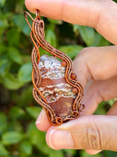 Load image into Gallery viewer, Artisan cab (positive rocks) red river jasper with goldstone + carnelian gem accents wire wrapped pendant necklace
