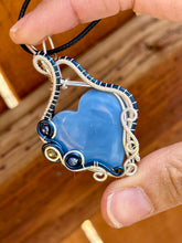 Load image into Gallery viewer, DUO TONED WIRE Blue owhyee opal with lapis lazuli + pyrite inclusions wire wrapped pendent
