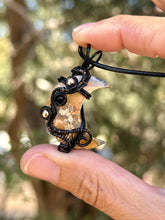Load image into Gallery viewer, ARTISAN CAB (adit stones) yellow Maligano Jasper moon with onyx + hematite gem accents wire wrapped pendant necklace
