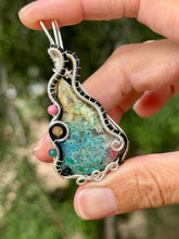 Load image into Gallery viewer, Artisan cab (positive rock) rainbow moss agate with rhodonite, citrine, blue apatite gem accents wire wrapped pendant necklace
