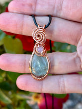 Load image into Gallery viewer, Aquamarine with rose quartz gem accent wire wrapped pendant necklace
