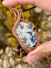 Load image into Gallery viewer, Reserved for Ashlee b DESIGNER CAB Sky plume agate with lapis lazuli + sugilite inclusions Wire wrapped pendant

