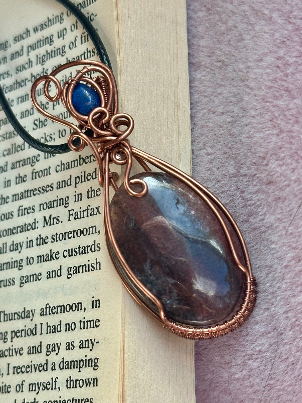 Iolite with sunstone with lapis lazuli inclusion   Wire wrapped pendant