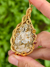 Load image into Gallery viewer, Artisan cab (positive rock) ocean jasper druzy with yellow mookaite, hematite, red mookaite gem accents wire wrapped pendant necklace
