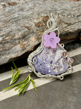 Load image into Gallery viewer, Purple morado opal with amethyst + strawberry quartz gem accents wire wrapped pendant necklace
