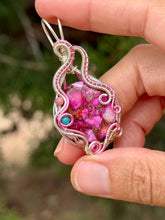 Load image into Gallery viewer, Artisan cab (johari gems) Pink spiny oyster with rhodonite + turquoise gem accents wire wrapped pendant necklace
