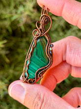 Load image into Gallery viewer, Artisan cab (johari gems) Malachite with obsidian + prehnite gem accents wire wrapped pendant necklace
